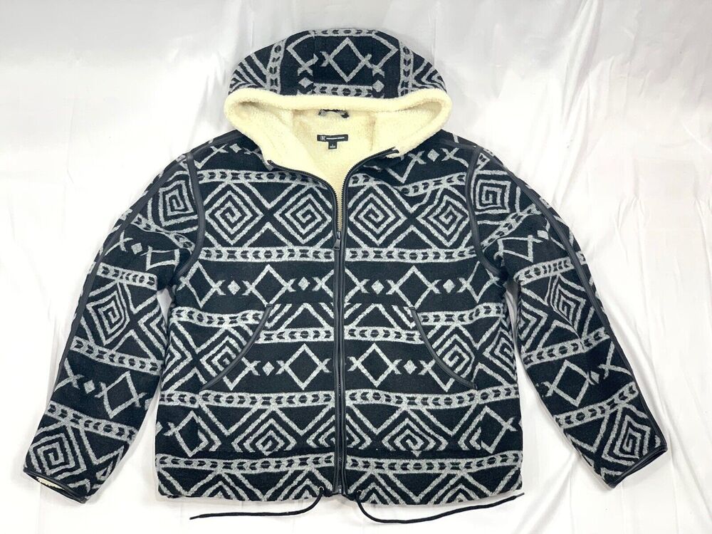 I.N.C. International Concepts Fleece Hoodie Jacket Coat Black & White L Boho